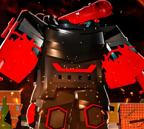 The red-and-black boss bot from the game's own icon, with its red hexagonal chest and leg markings, cropped to drop most of the night sky and ground.