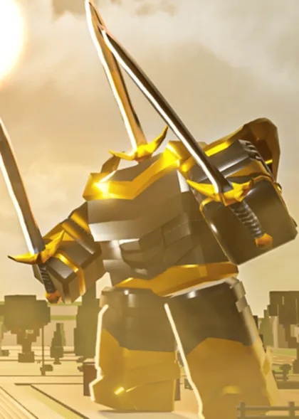 The gold-armoured Sword race bot from the game's own poster, cropped to show both its swords raised.