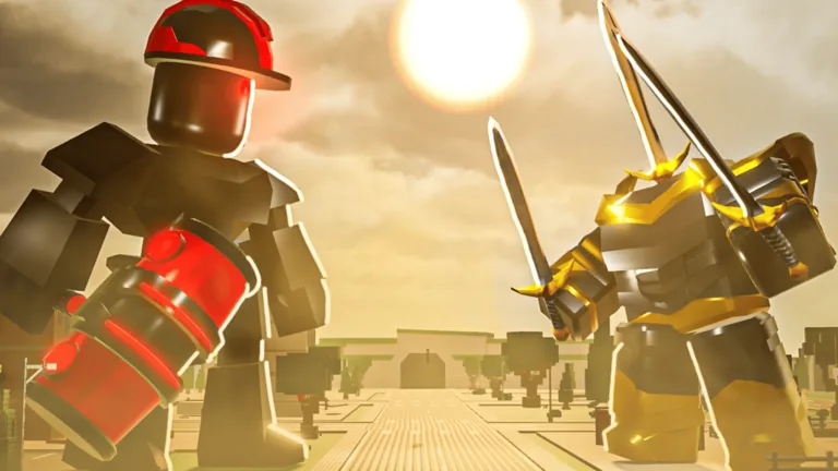 A black-and-red Roblox bot with a red domed helmet and a red barrel bomb at its hip faces off against a gold-and-black armoured bot wielding two curved swords, on a sunlit tan battlefield with a bright flared sun and a tree-lined path between them.